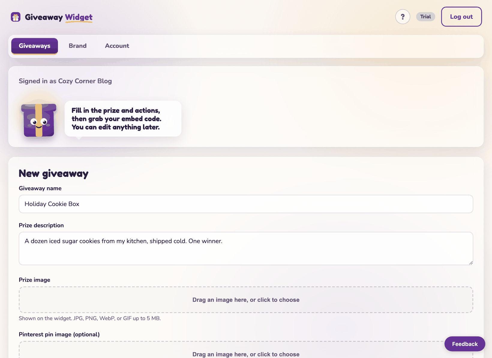 The New giveaway form: prize description, image drop zones, start and end dates with a hint that dates never open or close entries, and the Entry actions checklist