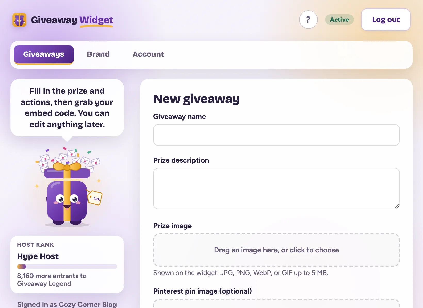 The New giveaway form: giveaway name, prize description and prize image fields, with Gus in the left panel saying to fill in the prize and actions, then grab the embed code